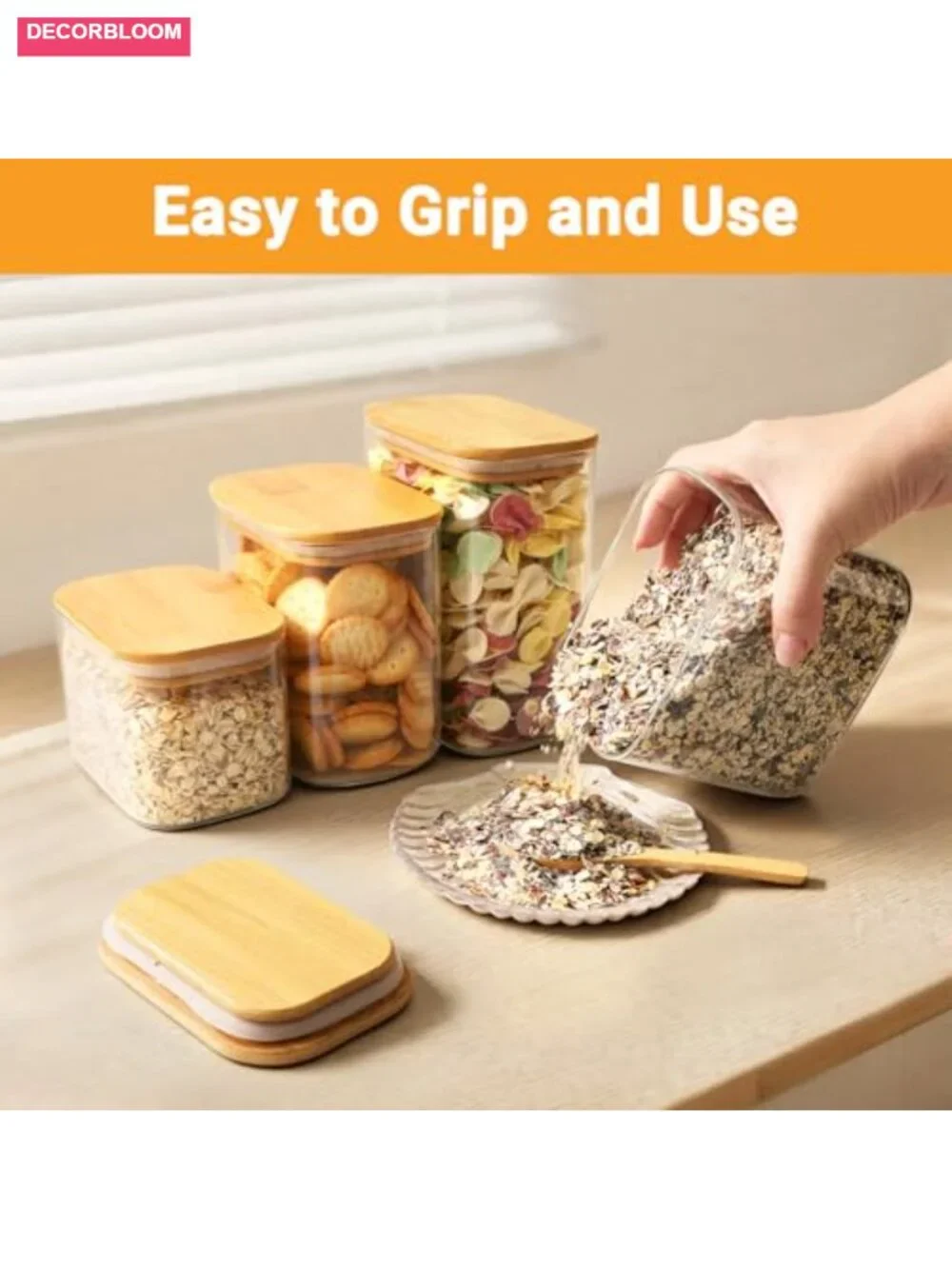 2pk 23oz Rectangular Glass Storage Jars with Bamboo Lids Airtight Kitchen